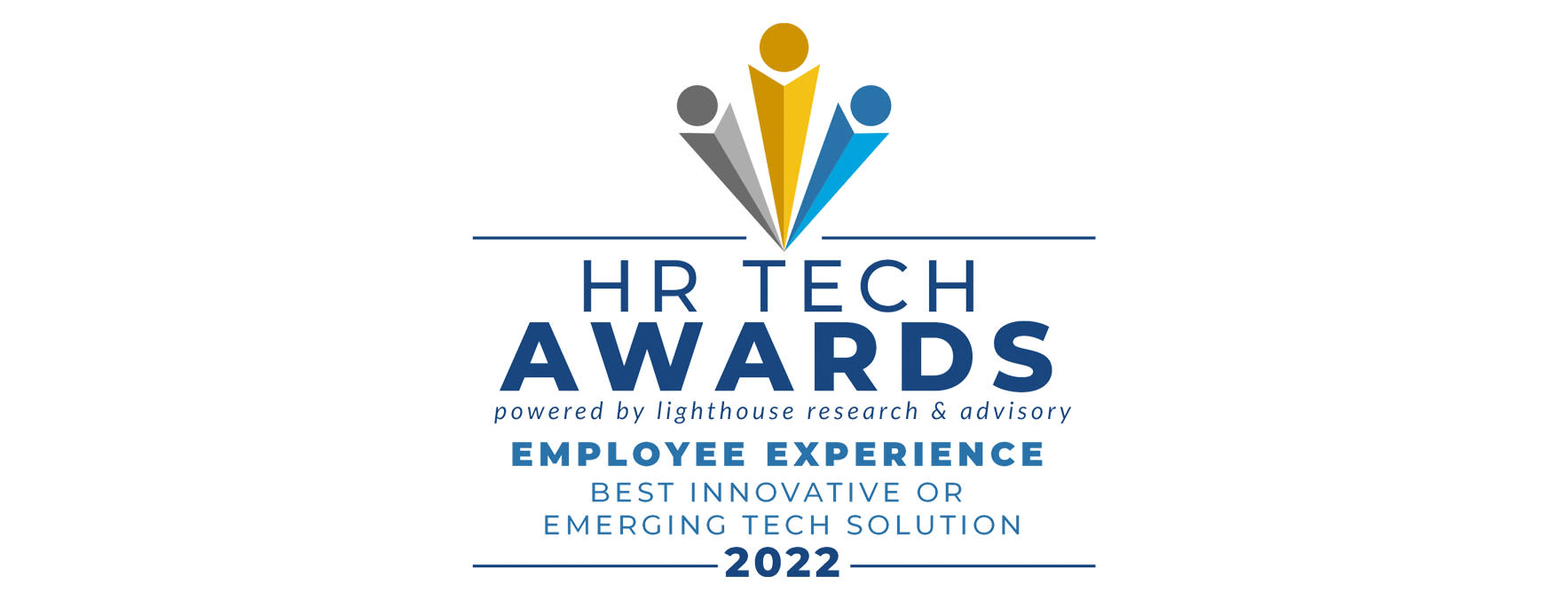 A logo for the 2022 HR Tech Awards by Lighthouse Research & Advisory, featuring three stylized figures above the text. The award is for "Employee Experience - Best Innovative or Emerging Tech Solution.