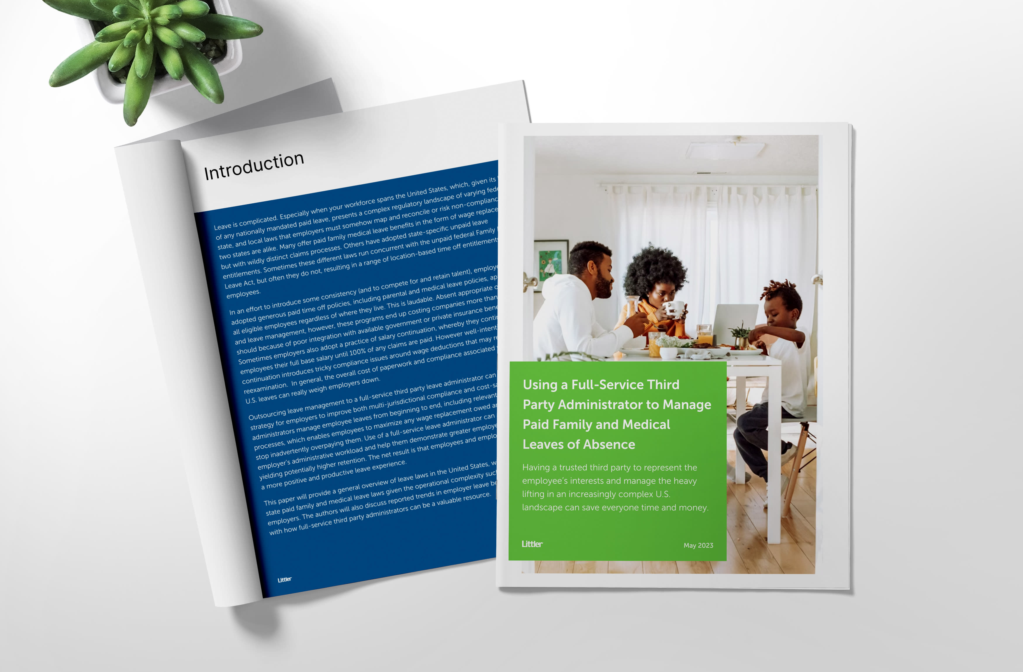 A top-down view of an open book featuring a blue introduction page and a brochure. The brochure cover shows a family scene at a dining table with green text that reads "Using a Full-Service Third-Party Administrator to Manage Paid Family and Medical Leaves of Absence Under U.S. Leave Laws.