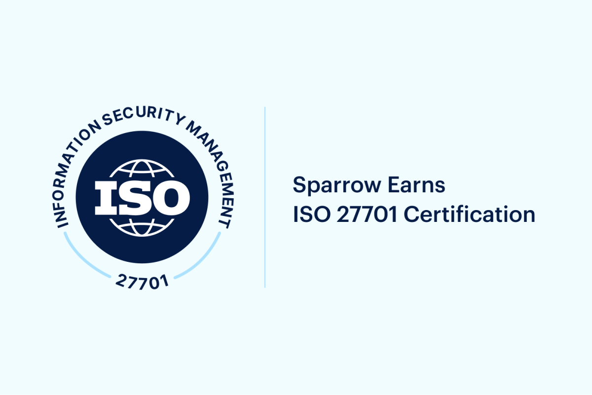 A circular badge on the left with "ISO/IEC 27701:2019 Certification" inscribed within and "Information Security Management" around the outer edge. On the right, the text reads "Sparrow Earns ISO 27701 Certification" on a light blue background, highlighting their commitment to PII security.