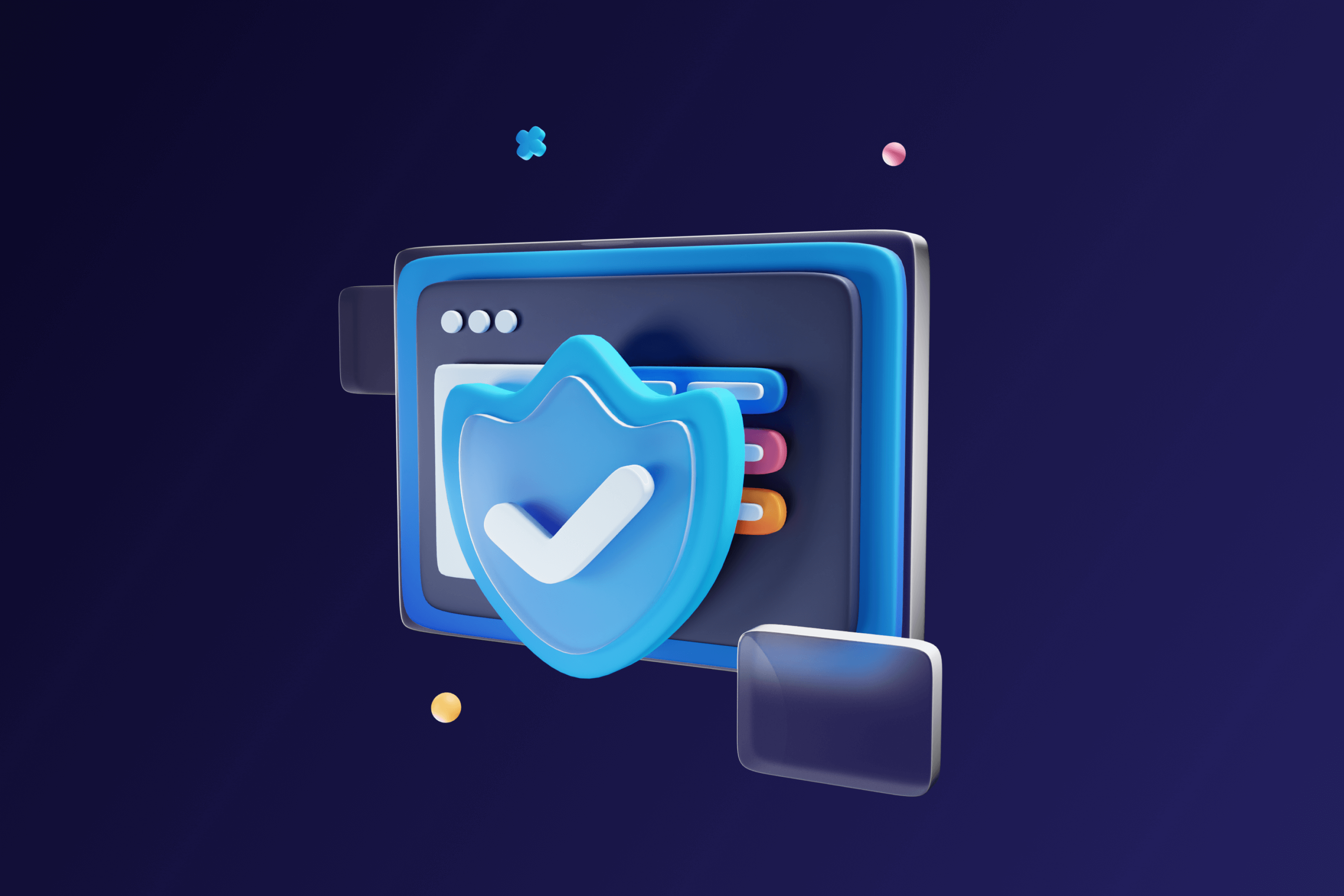 A 3D illustration of a computer screen with colored bars and a blue shield with a checkmark in the foreground, symbolizing SOC 2 certification and data security. The background is dark blue with small, colorful geometric shapes.