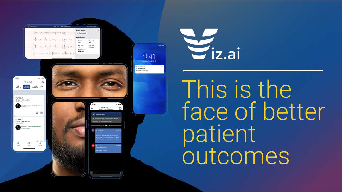 A man's face is partially visible with multiple digital screens surrounding him, showcasing medical apps and alerts. The text reads: "viz.ai - Innovation inspired by the Sparrow case study for better patient outcomes." The background is a gradient of blue and purple.
